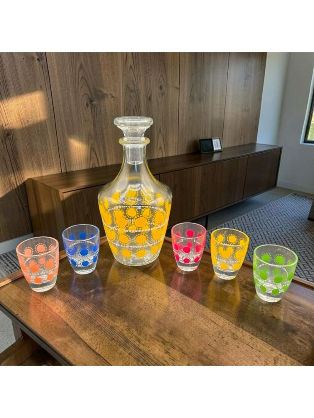 French Glass Decanter & 5 Shot Glasses Retro Polka Dot Design MCM Barware